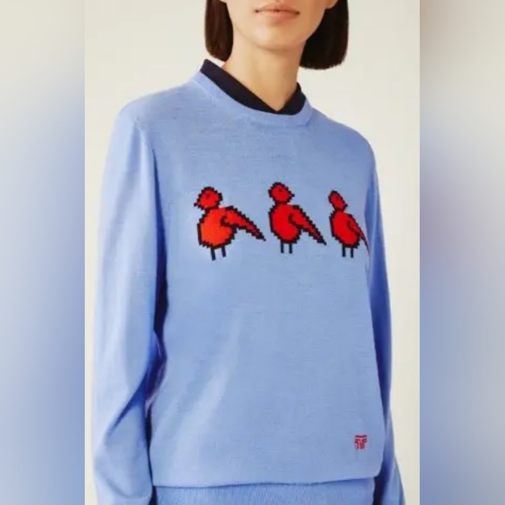 Tory Burch / Tory Sport Light Blue Merino Wool Sweater w/Red Birds, Sz XL